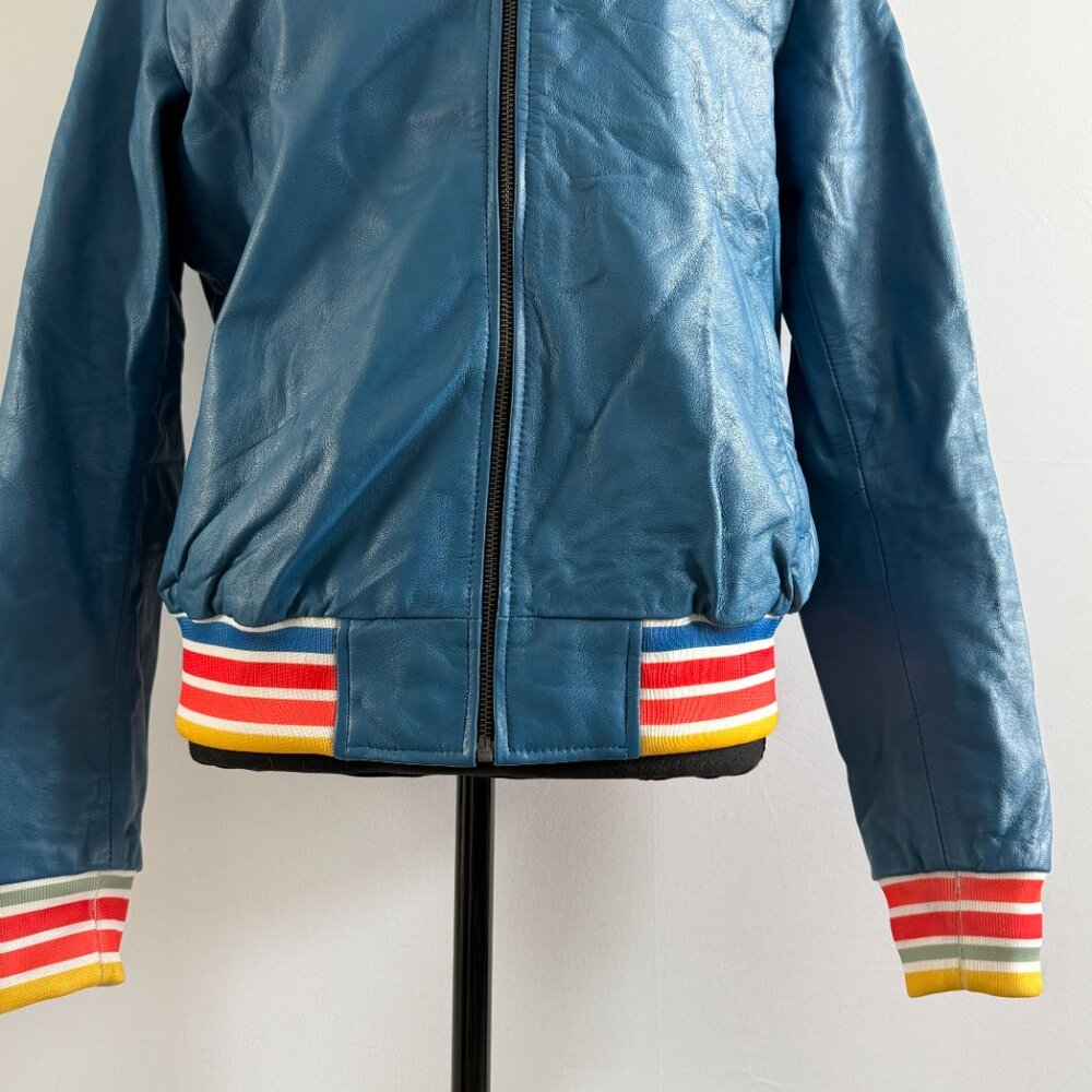 Evil Kristen Bouchard Blue Leather Retro Rainbow Aviator Jacket L/XL - Picture 9 of 16